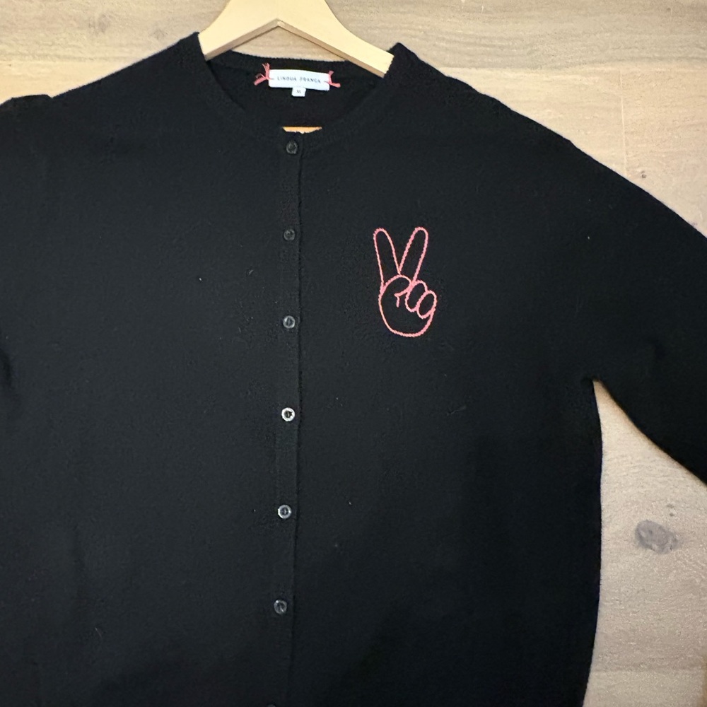Lingua Franca Cashmere Black Cardigan with pink Peace Sign Embroidery